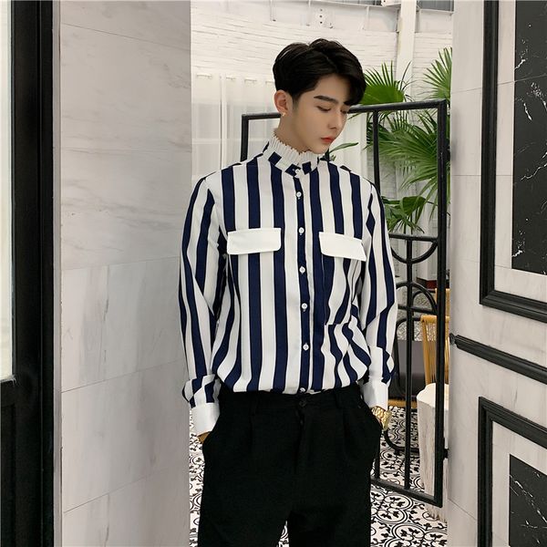 men stand collar slim fit long sleeve casual stripe shirt male high street vintage fashion hip hop party dress shirt, White;black
men stand collar slim fit long sleeve casual stripe shirt male high street vintage fashion hip hop party dress shirt, White;black