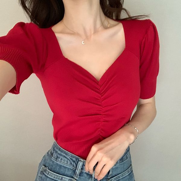 puff sleeve women blouse v-neck multi colors slim crop bottoming base shirts pullover ladies lady female knitting knitted sweaters, White 
puff sleeve women blouse v-neck multi colors slim crop bottoming base shirts pullover ladies lady female knitting knitted sweaters, White