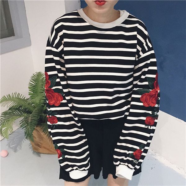 autumn and winter new women korean harajuku ulzzang loose striped flowers embroidery long-sleeved round neck pullover sweatshirt, Black
autumn and winter new women korean harajuku ulzzang loose striped flowers embroidery long-sleeved round neck pullover sweatshirt, Black