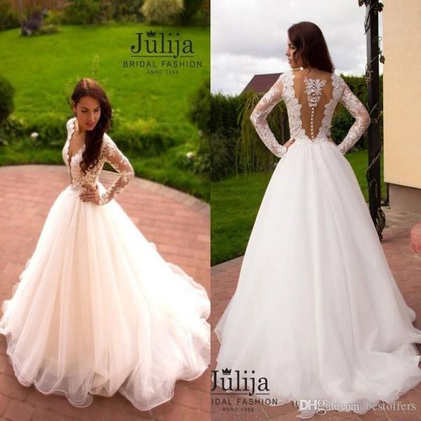2020 modern lace long sleeves wedding dresses deep v neck princess bohemian a line beach bridal gowns court train, White
2020 modern lace long sleeves wedding dresses deep v neck princess bohemian a line beach bridal gowns court train, White