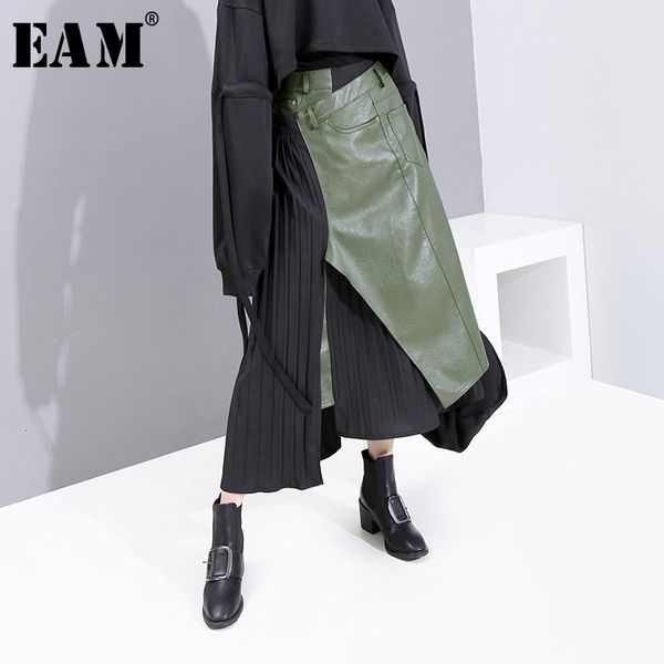 

eam] high elastic waist green asymmetrical pleated temperament half-body skirt women fashion tide new spring autumn 2019 1k731, Black