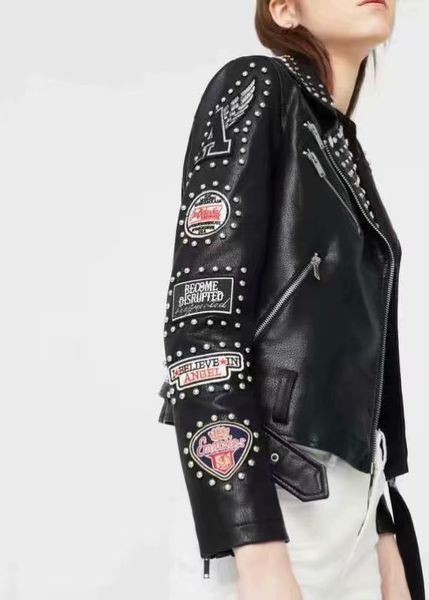 women rivet leather coat zipper punk rock dark metal patch embroidery jacket band costumes runway show, Black
women rivet leather coat zipper punk rock dark metal patch embroidery jacket band costumes runway show, Black