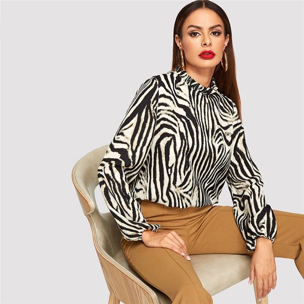 women blouse ladies designer animal print elegant blouse women frilled neckline zebra pattern autumn womens and blouses, White
women blouse ladies designer animal print elegant blouse women frilled neckline zebra pattern autumn womens and blouses, White