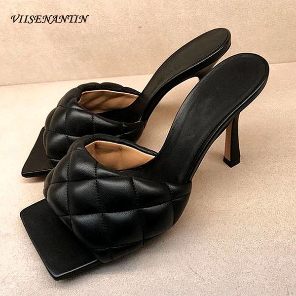2020 summer desinger slipper shoe selling padded leather open toe high heel sandalias sapatos mujer summer party shoe, Black