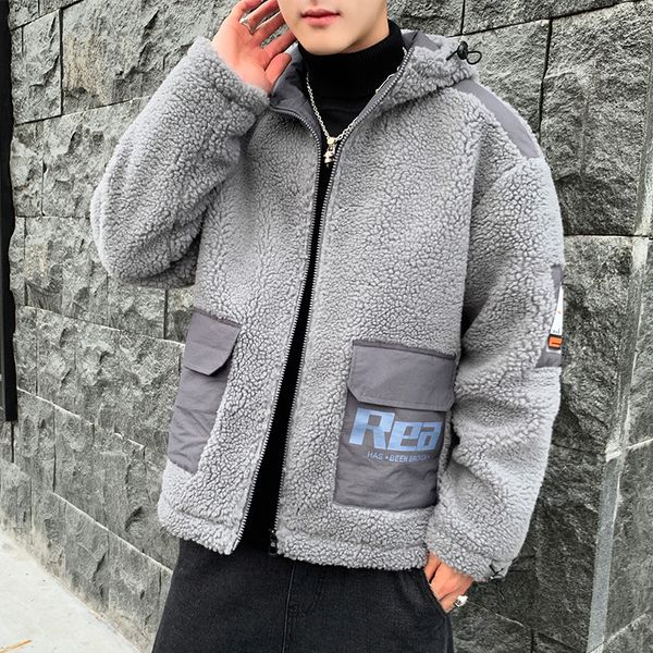 young korean campus lamb cashmere male cotton-padded jacket flip print pocket trend sleeve shoulder hooded coat, Black
young korean campus lamb cashmere male cotton-padded jacket flip print pocket trend sleeve shoulder hooded coat, Black