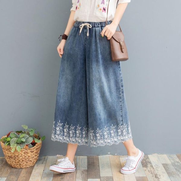 spring jeans women loose embroidery floral washed bleached vintage scratched elastic waist drawstring female wild wide leg pants, Blue
spring jeans women loose embroidery floral washed bleached vintage scratched elastic waist drawstring female wild wide leg pants, Blue