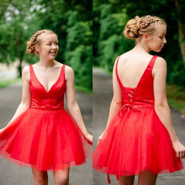 red v neck satin cocktail dresses lace up back tulle a line short homecoming dresses with beads, Black
red v neck satin cocktail dresses lace up back tulle a line short homecoming dresses with beads, Black