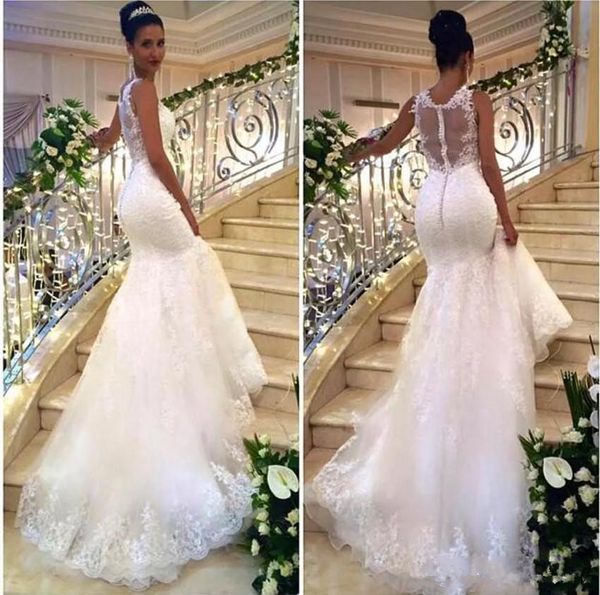 2019 vintage lace mermaid wedding dresses illusion back chapel train lace appliqued tulle with covered button bridal gowns, White
2019 vintage lace mermaid wedding dresses illusion back chapel train lace appliqued tulle with covered button bridal gowns, White