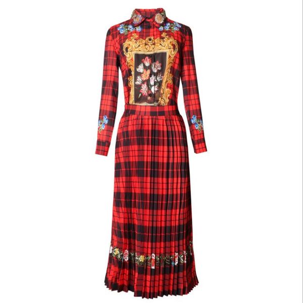 spring 2020 for european and american women's wear long-sleeved red checkered printed shirt with beaded lapel skirts suit, White
spring 2020 for european and american women's wear long-sleeved red checkered printed shirt with beaded lapel skirts suit, White