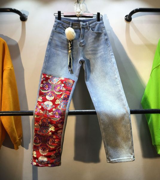 european 2020 autumn and winter splicing embroidery patch high waist jeans pants women's leisure denim trouser straight pants, Blue
european 2020 autumn and winter splicing embroidery patch high waist jeans pants women's leisure denim trouser straight pants, Blue