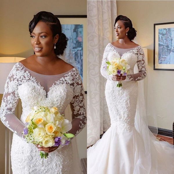 long sleeve wedding dress 2020 african scoop neck appliques lace sheer neck mermaid bridal gowns sweep trail custom size vestidos de novia, White
long sleeve wedding dress 2020 african scoop neck appliques lace sheer neck mermaid bridal gowns sweep trail custom size vestidos de novia, White