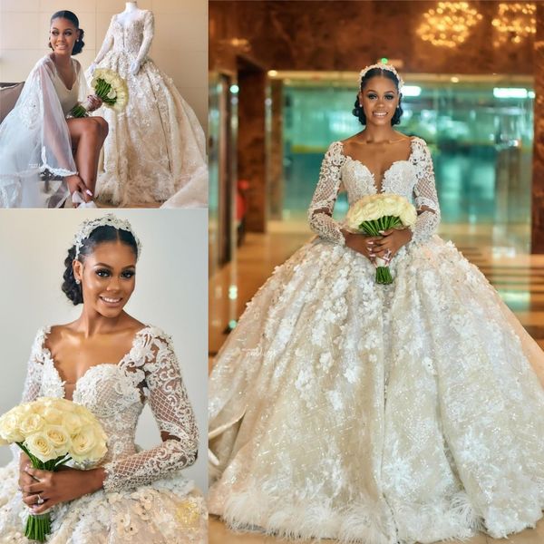 sparkly sheer long sleeves plus size ball gown arabic wedding dress elegant full lace appliqued vintgae plus size dubai african bridal gowns, White 
sparkly sheer long sleeves plus size ball gown arabic wedding dress elegant full lace appliqued vintgae plus size dubai african bridal gowns, White