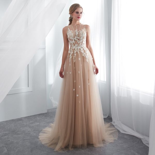 champagne prom dresses o-neck transparent lace applique a-line sleeveless sweep train long party evening gowns, Black
champagne prom dresses o-neck transparent lace applique a-line sleeveless sweep train long party evening gowns, Black
