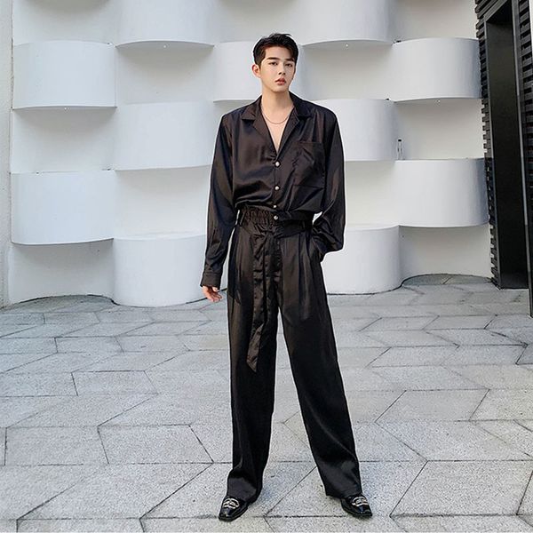 men long sleeve satin style casual retro fashion shirt wide leg belt trousers japan streetwear shirt men 2 piece suits sets, White;black
men long sleeve satin style casual retro fashion shirt wide leg belt trousers japan streetwear shirt men 2 piece suits sets, White;black