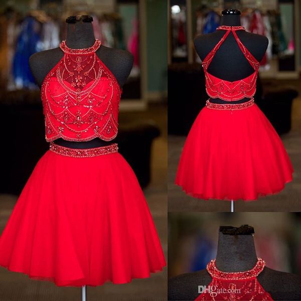 two pieces 2019 homecoming dresses a-line halter red tulle beaded elegant cocktail dresses, White;black
two pieces 2019 homecoming dresses a-line halter red tulle beaded elegant cocktail dresses, White;black