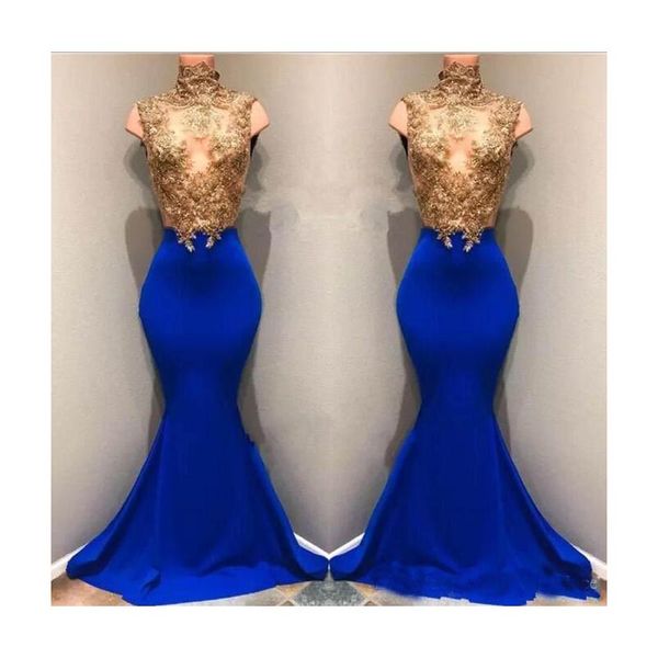 luxury high neck mermaid prom dresses gold sequins sleeveless with royal blue long train evening dresses special occasion gowns, Black
luxury high neck mermaid prom dresses gold sequins sleeveless with royal blue long train evening dresses special occasion gowns, Black