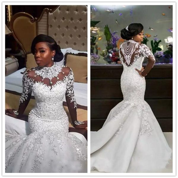 african nigeria vestido de novia luxury mermaid wedding dresses floral applique bridal party gown high neck long sleeve wedding gowns, White
african nigeria vestido de novia luxury mermaid wedding dresses floral applique bridal party gown high neck long sleeve wedding gowns, White