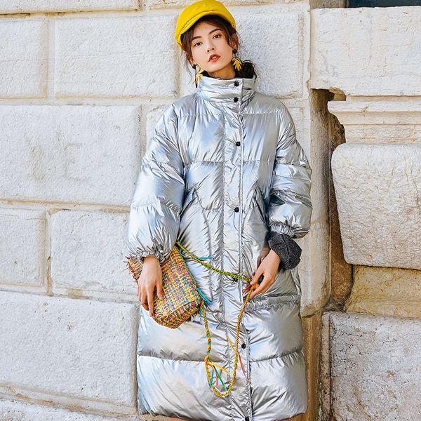 winter new designer brand women's fashion coat metal texture silver long down jacket, Black
winter new designer brand women's fashion coat metal texture silver long down jacket, Black
