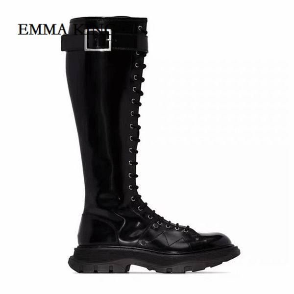 women lace up leather knee high boots round toe thick bottom knight boots runway flat heel for woman botas mujer, Black
women lace up leather knee high boots round toe thick bottom knight boots runway flat heel for woman botas mujer, Black