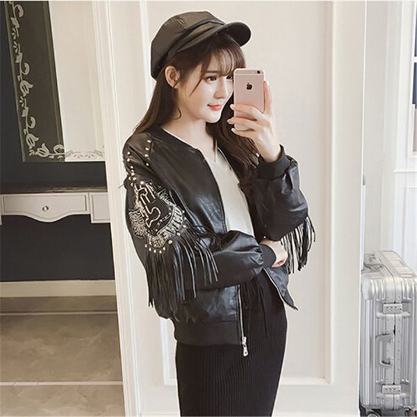 2018 new fashion nail leather jacket collar fringed leather female korean fall jacket loose women's baseball, Black
2018 new fashion nail leather jacket collar fringed leather female korean fall jacket loose women's baseball, Black