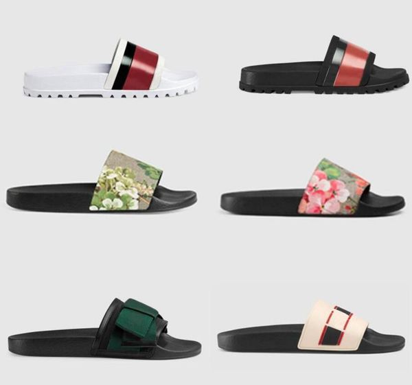designer rubber slide sandal floral brocade men slipper gear bottoms flip flops women striped beach casual slipper with box, Black