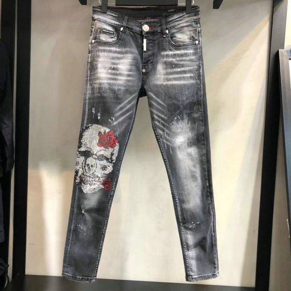 skinny jeans men hip hop stripe elastic slim fit denim pants male stretchy pencil bottoms street knee ripped holes jeans, Blue