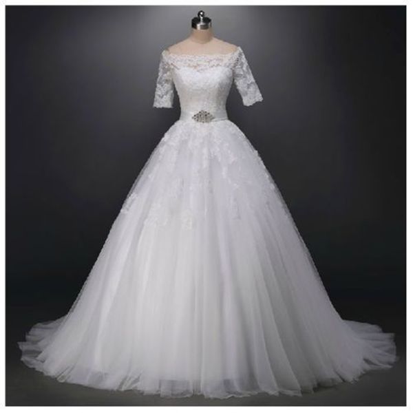 elegant bateau neck princess wedding dresses beaded decoration a line wedding dresses chic lace appliques bridal dresses with 1/2 sleeve, White
elegant bateau neck princess wedding dresses beaded decoration a line wedding dresses chic lace appliques bridal dresses with 1/2 sleeve, White