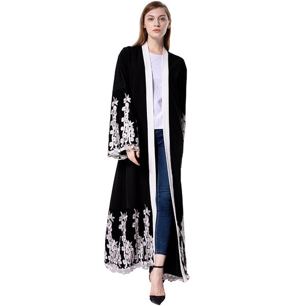 vintage women muslim long robe femme floral embroidery contrast color kimono open front long sleeve arabia maxi trench coat, Red 
vintage women muslim long robe femme floral embroidery contrast color kimono open front long sleeve arabia maxi trench coat, Red