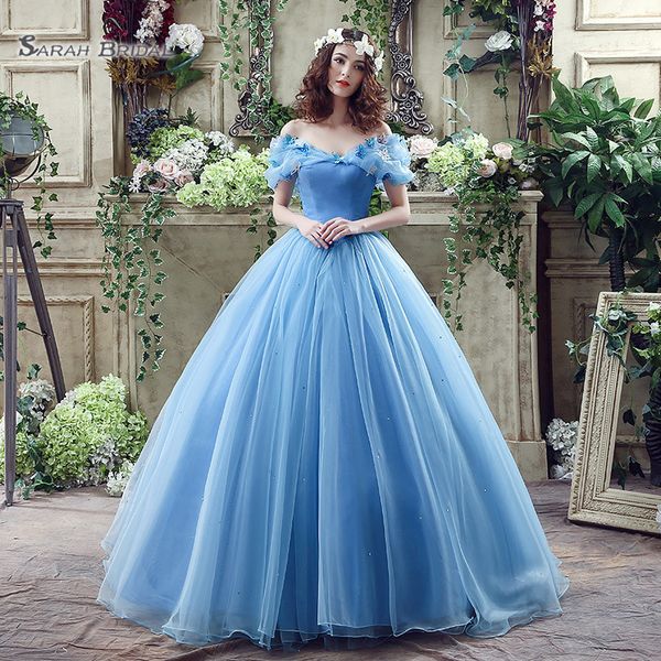 

2019 Princess Lace Up Blue Ball Gown Beads Off Shoulder Tulle Sweep Train Sleevless Wedding Bridal Gowns SQS037
