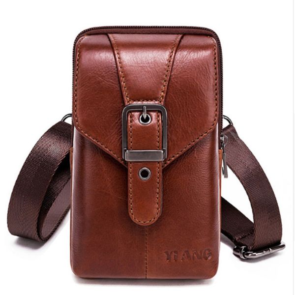 

auau-yiang new genuine leather cowhide men vintage cell mobile phone case cross body messenger shoulder pack waist pack hook b