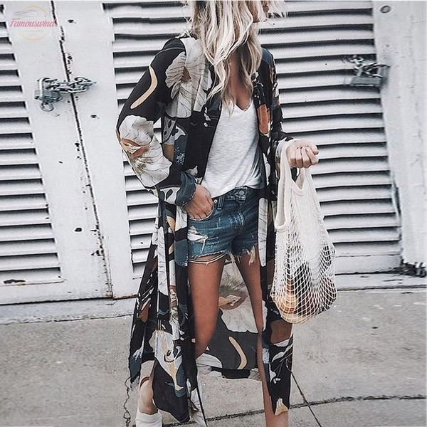 floral print kimono cardigan chiffon long sleeve bohemia feamale tunic loose womens and blouses beach style shirts, White