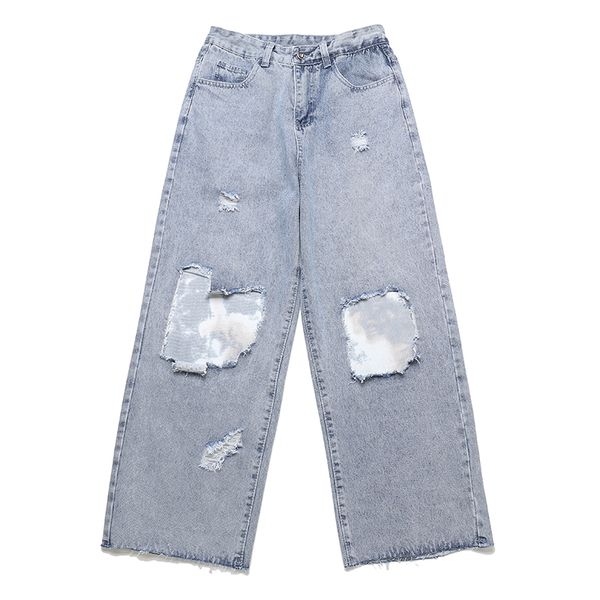 men's jeans tie dye hole patchwork denim trousers men and women harajuku wide leg straight loose pants ripped washed streetwear, Blue
men's jeans tie dye hole patchwork denim trousers men and women harajuku wide leg straight loose pants ripped washed streetwear, Blue