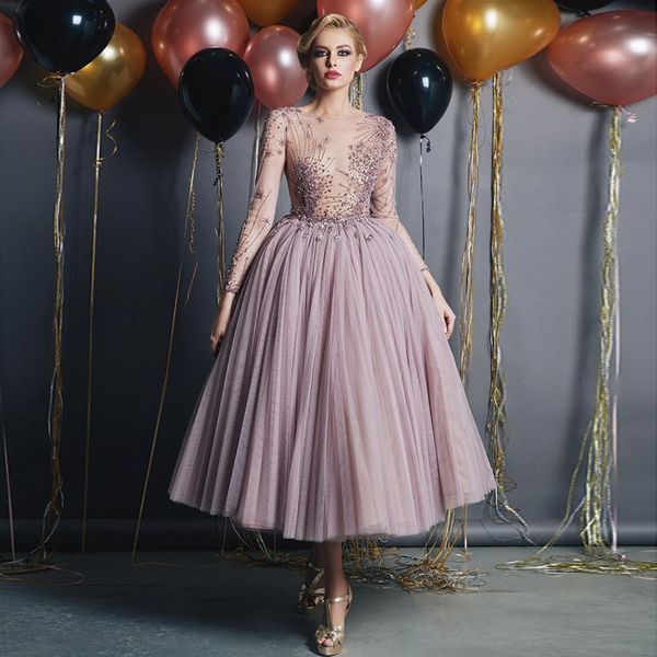 stunning beaded long sleeves prom dresses sheer bateau neck a line sequined evening gowns plus size tea length tulle pleated formal dress, Black
stunning beaded long sleeves prom dresses sheer bateau neck a line sequined evening gowns plus size tea length tulle pleated formal dress, Black