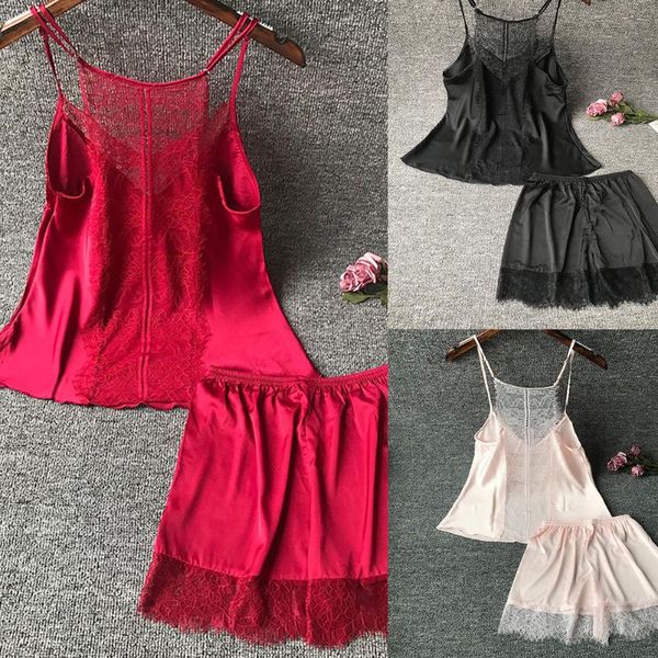 women's sleepwear women pajamas set elegant lace satin strap clothes summer + shorts plus size nightwear, Black;red
women's sleepwear women pajamas set elegant lace satin strap clothes summer + shorts plus size nightwear, Black;red