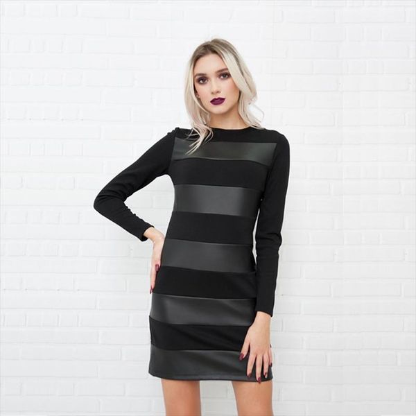 casual leather patchwork sheath womens dresses office long sleeve o neck solid mini winter fashion, Black;gray
casual leather patchwork sheath womens dresses office long sleeve o neck solid mini winter fashion, Black;gray