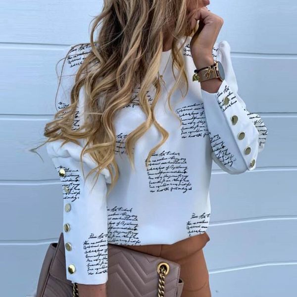 

women elegant puff shoulder blouse shirts office lady autumn metal buttoned detail blouses women pineapple print long sleeve top, White