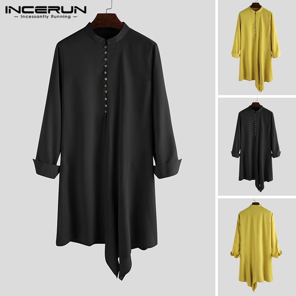 incerun 2020 men long shirt clothes vintage solid color long sleeve kurtas mens asymmetric shirts elegant muslim robes, White;black
incerun 2020 men long shirt clothes vintage solid color long sleeve kurtas mens asymmetric shirts elegant muslim robes, White;black