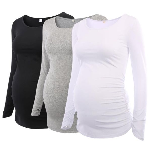 

pack of 3pcs women's maternity tunic mama clothes flattering side ruching long sleeve scoop neck pregnancy t-shirt, White