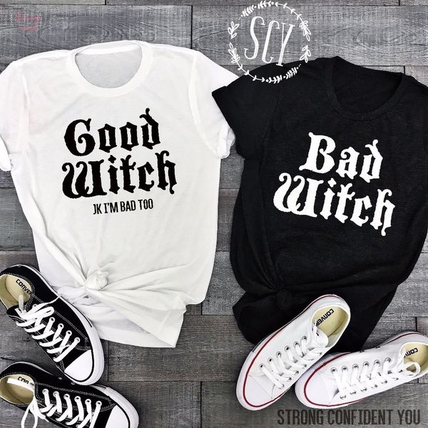 couple t shirts bad witch good witch letter printed tee shirt femme casual female friend halloween tees, White 
couple t shirts bad witch good witch letter printed tee shirt femme casual female friend halloween tees, White