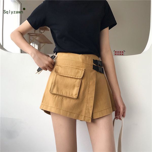 2019 women summer korean high waist solid shorts skirts streetwear black yellow pocket bandage buckle loose mini shorts, White;black
2019 women summer korean high waist solid shorts skirts streetwear black yellow pocket bandage buckle loose mini shorts, White;black
