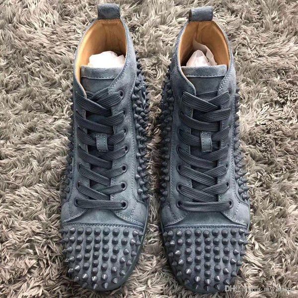 box+dust bag, italy brands red bottom spiked sneakers sky blue suede leather spikes sneakers shoes high skateboard studs trainers, Black
box+dust bag, italy brands red bottom spiked sneakers sky blue suede leather spikes sneakers shoes high skateboard studs trainers, Black