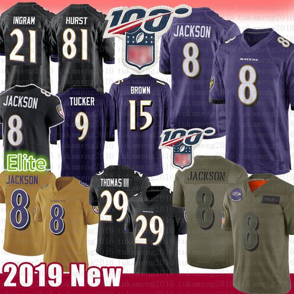 8 lamar jackson jersey 29 earl thomas 81 hayden hurst 15 marquise brown 9 justin tucker 21 mark ingram ll football raven jerseys, Black;red