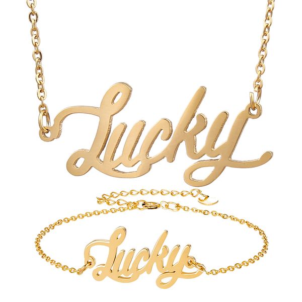 gold plated stainless steel name necklace + bracelet set " lucky " script letter gold choker chain necklace pendant nameplate for, Silver
gold plated stainless steel name necklace + bracelet set " lucky " script letter gold choker chain necklace pendant nameplate for, Silver
