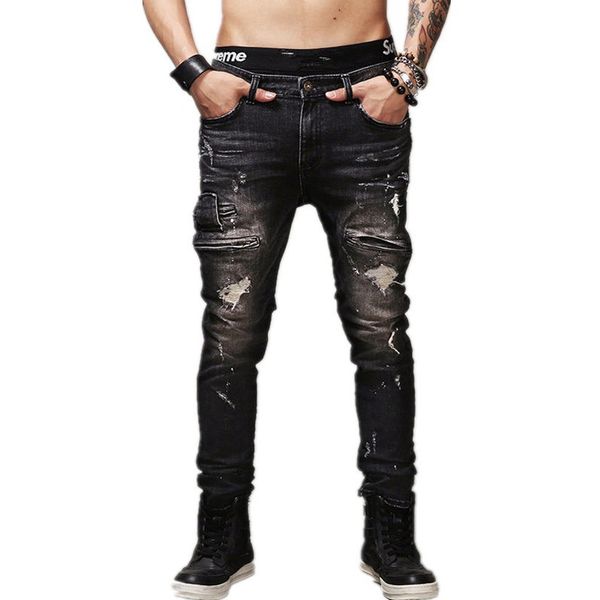 mens ripped biker jeans 100% cotton black slim fit motorcycle jeans men vintage distressed denim pants, Blue
mens ripped biker jeans 100% cotton black slim fit motorcycle jeans men vintage distressed denim pants, Blue