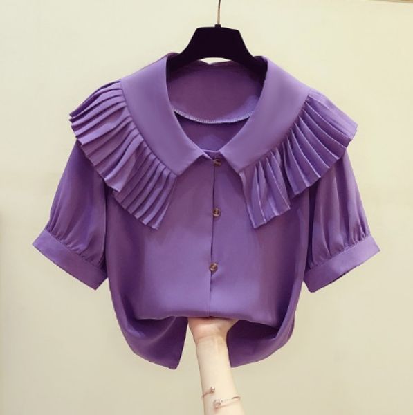 2020 summer new fashion pleated ruffled doll collar single breasted short sleeve chiffon shirt women's casual blouse blusas, White
2020 summer new fashion pleated ruffled doll collar single breasted short sleeve chiffon shirt women's casual blouse blusas, White