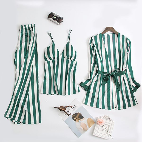 spring female striped satin pyjamas silk pajamas for women sleepwear three-piece set stripe v-neck pijama mujer home suit, Blue;gray
spring female striped satin pyjamas silk pajamas for women sleepwear three-piece set stripe v-neck pijama mujer home suit, Blue;gray