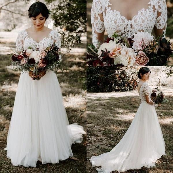 2020 country a line wedding dresses v neck lace appliques long sleeves illusion back court train plus size bridal gowns custom, White
2020 country a line wedding dresses v neck lace appliques long sleeves illusion back court train plus size bridal gowns custom, White