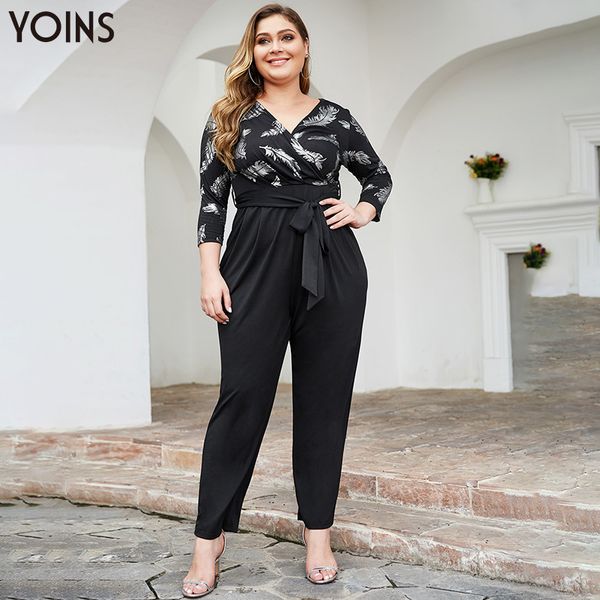 

yoins plus size leather print v neck zipper back belt long sleeve wrapped jumpsuit 2019 women casual playsuits rompers trousers, Black;white