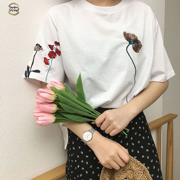 summer new fashion special flower embroidered all match loose casual short sleeve female t shirts drop shipping, White
summer new fashion special flower embroidered all match loose casual short sleeve female t shirts drop shipping, White