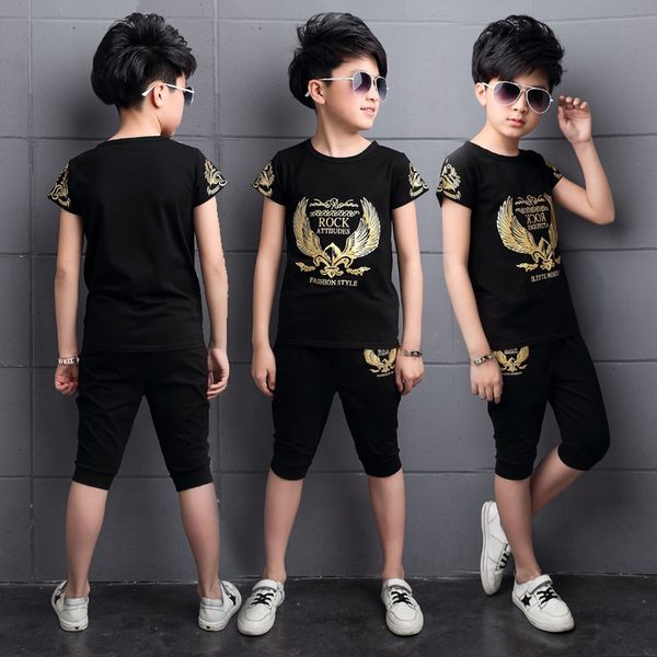 

new boys short sleeve+pant summer sports suit for kids sets in children's eagle two piece suits 4-14 ages black blue color, White